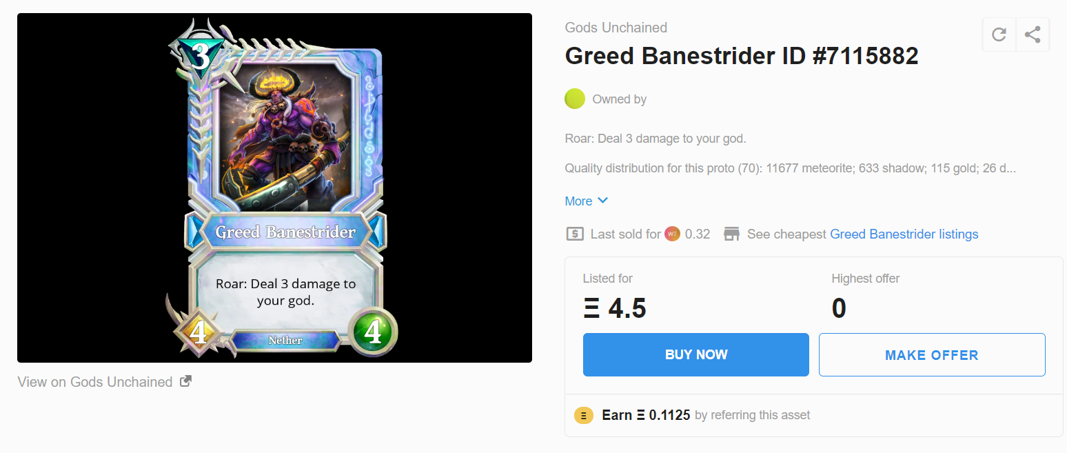 Gods unchained card Greed Banestrider on Opensea