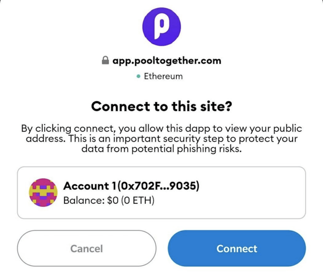 Запрос приложения на подтверждение при подключении к PoolTogether.